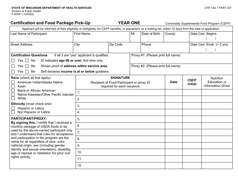 Form F-40041 Certification and Food Package Pick-Up - Wisconsin, Page 1