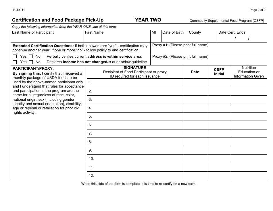 Form F-40041 Certification and Food Package Pick-Up - Wisconsin, Page 2