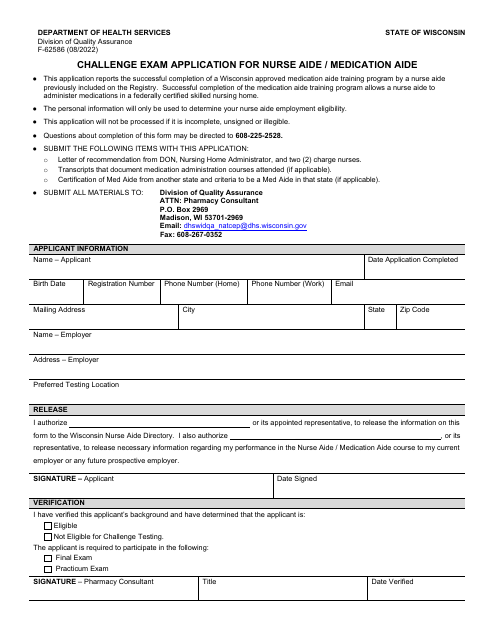 Form F-62586 Challenge Exam Application for Nurse Aide/Medication Aide - Wisconsin