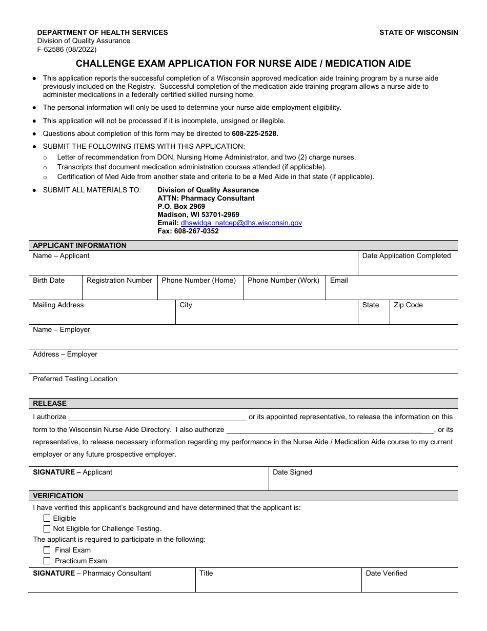 Form F-62586 Challenge Exam Application for Nurse Aide / Medication Aide - Wisconsin, Page 1