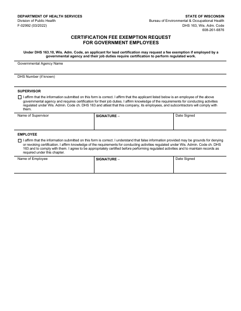 Form F-02992 Certification Fee Exemption Request for Government Employees - Wisconsin