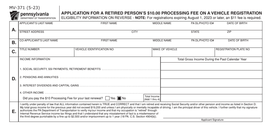Form MV-371 Application for a Retired Persons $10.00 Processing Fee on a Vehicle Registration - Pennsylvania, Page 1