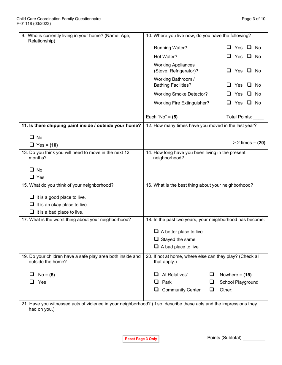 Form F-01118 Child Care Coordination Family Questionnaire - Wisconsin, Page 3