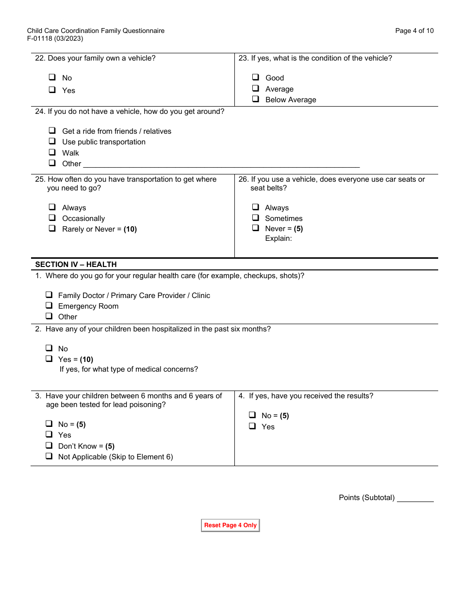 Form F-01118 Child Care Coordination Family Questionnaire - Wisconsin, Page 4