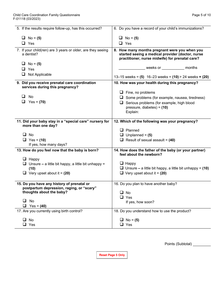 Form F-01118 Child Care Coordination Family Questionnaire - Wisconsin, Page 5