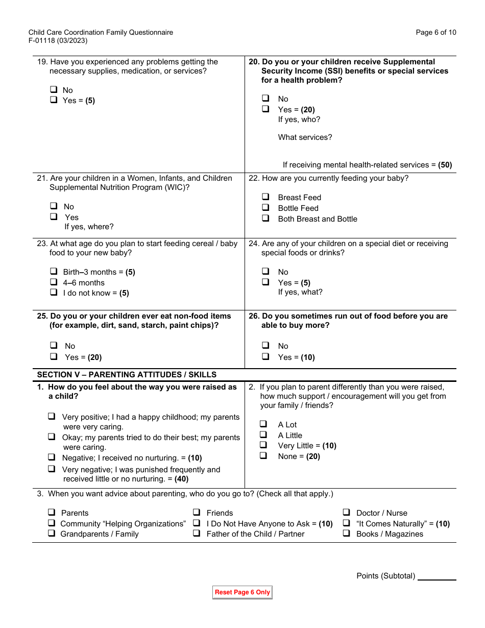 Form F-01118 Child Care Coordination Family Questionnaire - Wisconsin, Page 6