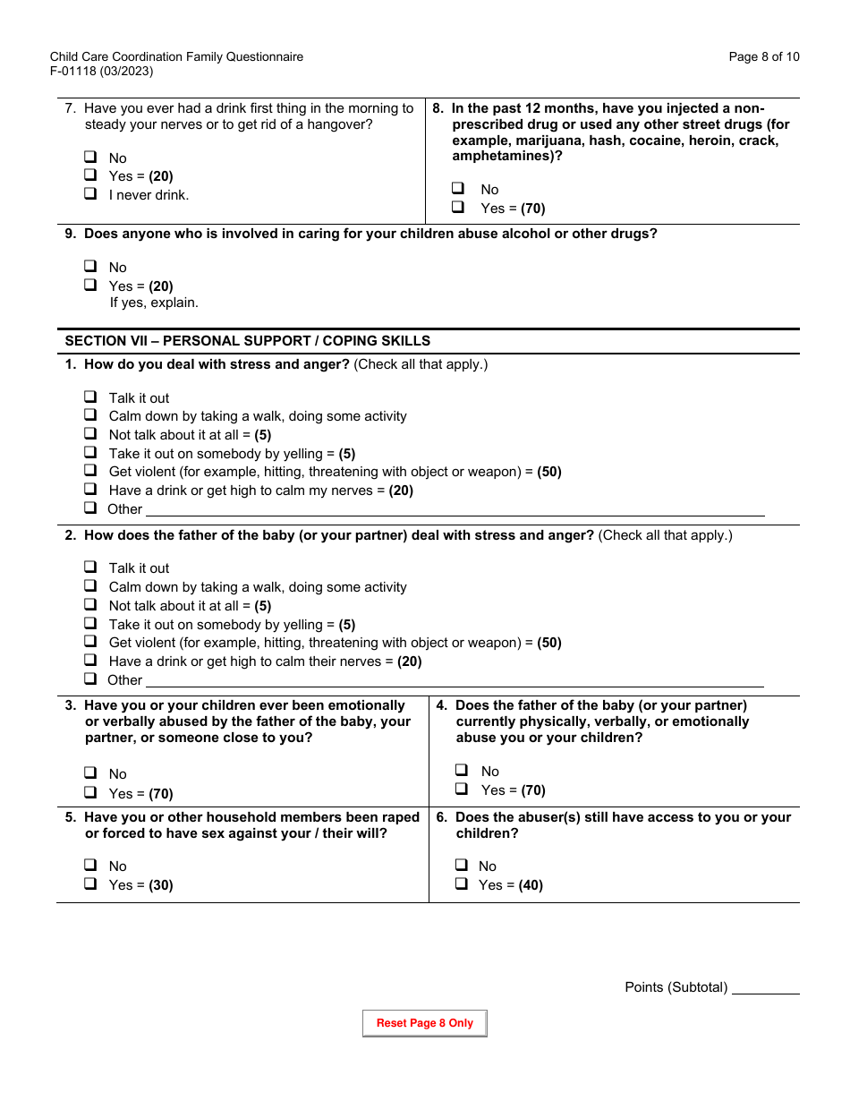 Form F-01118 Child Care Coordination Family Questionnaire - Wisconsin, Page 8