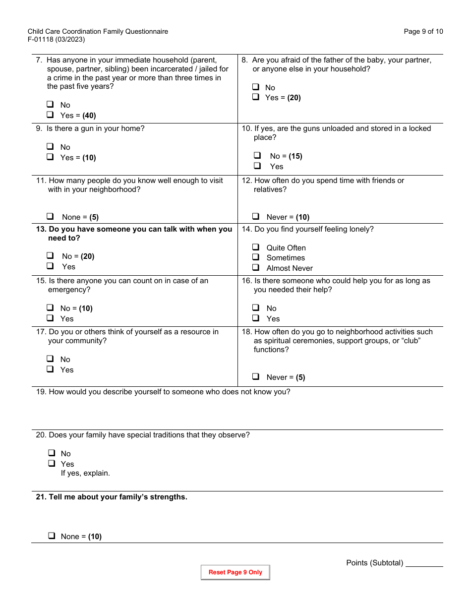Form F-01118 Child Care Coordination Family Questionnaire - Wisconsin, Page 9