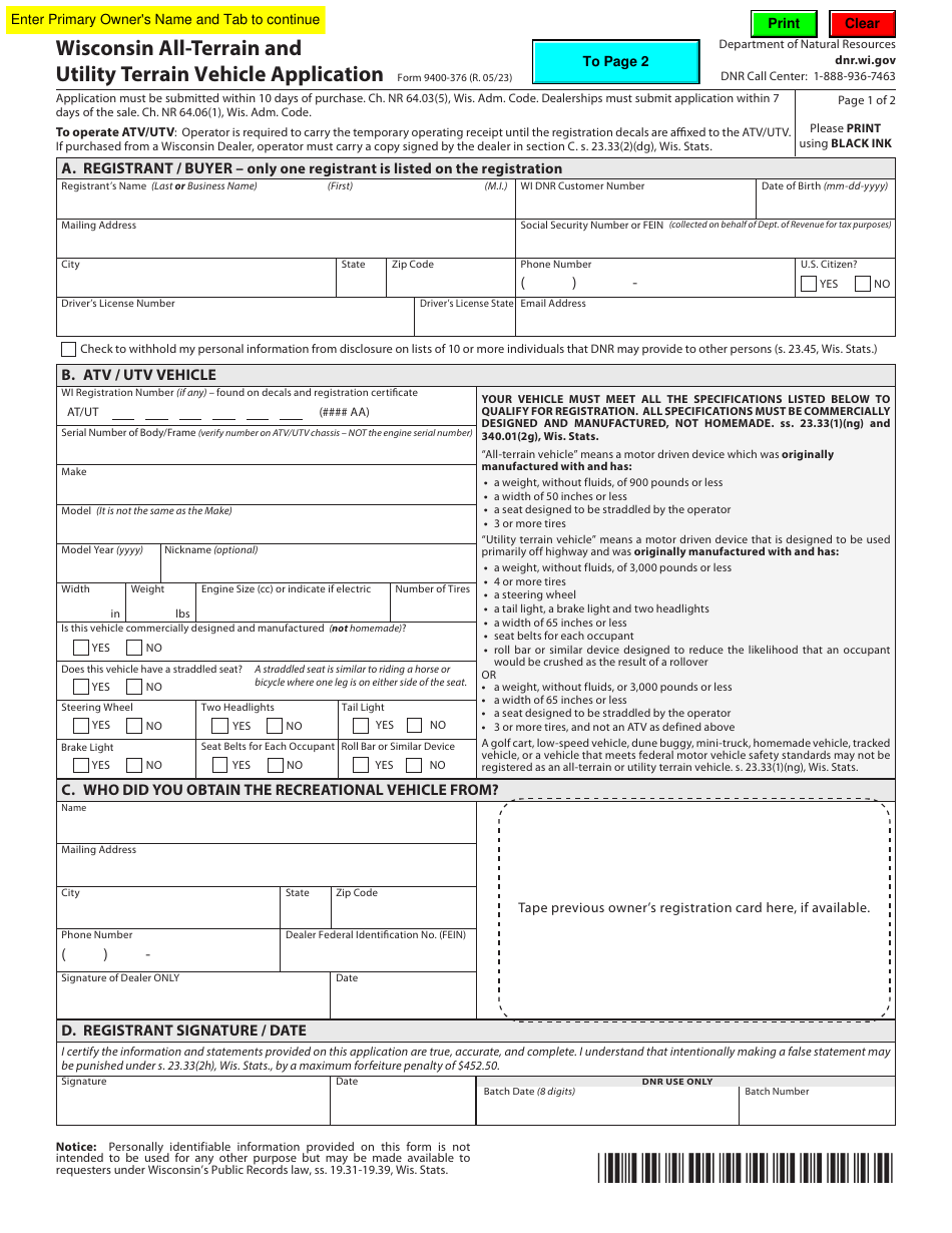 Form 9400-376 Wisconsin All-terrain and Utility Terrain Vehicle Application - Wisconsin, Page 1