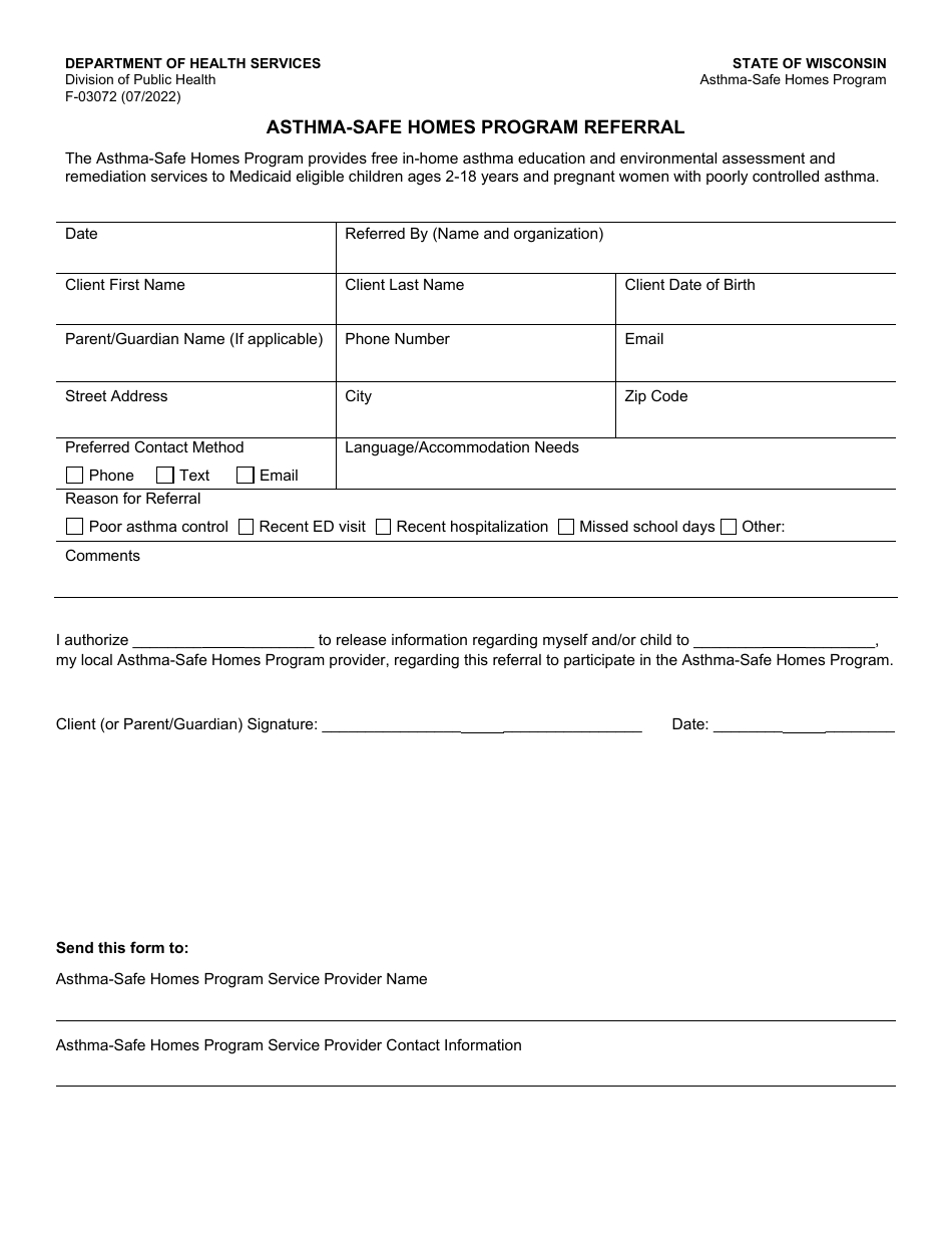Form F-03072 Asthma-Safe Homes Program Referral - Wisconsin, Page 1