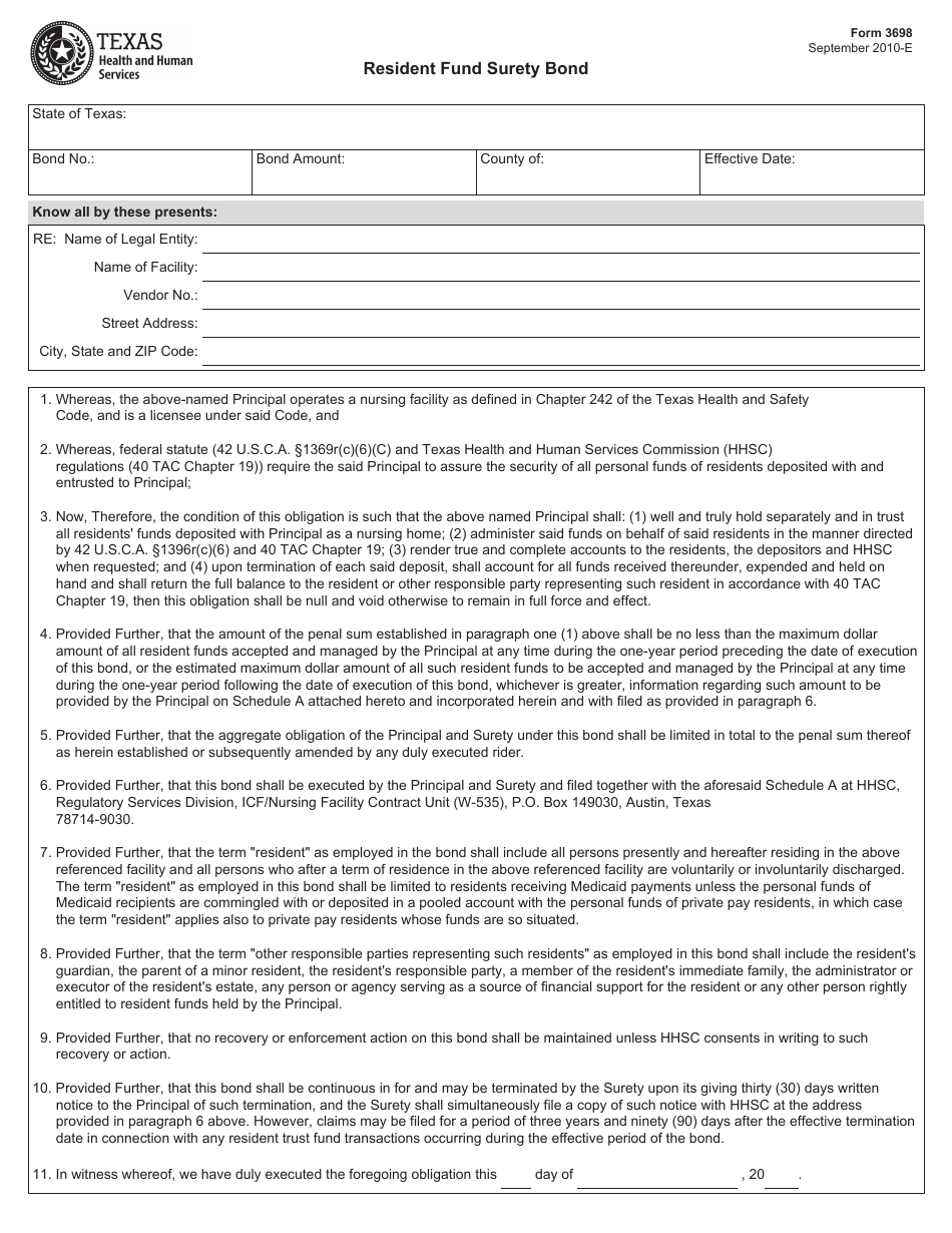 Form 3698 Resident Fund Surety Bond - Texas, Page 1