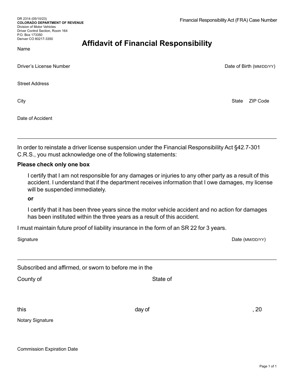 Form DR2314 Affidavit of Financial Responsibility - Colorado, Page 1