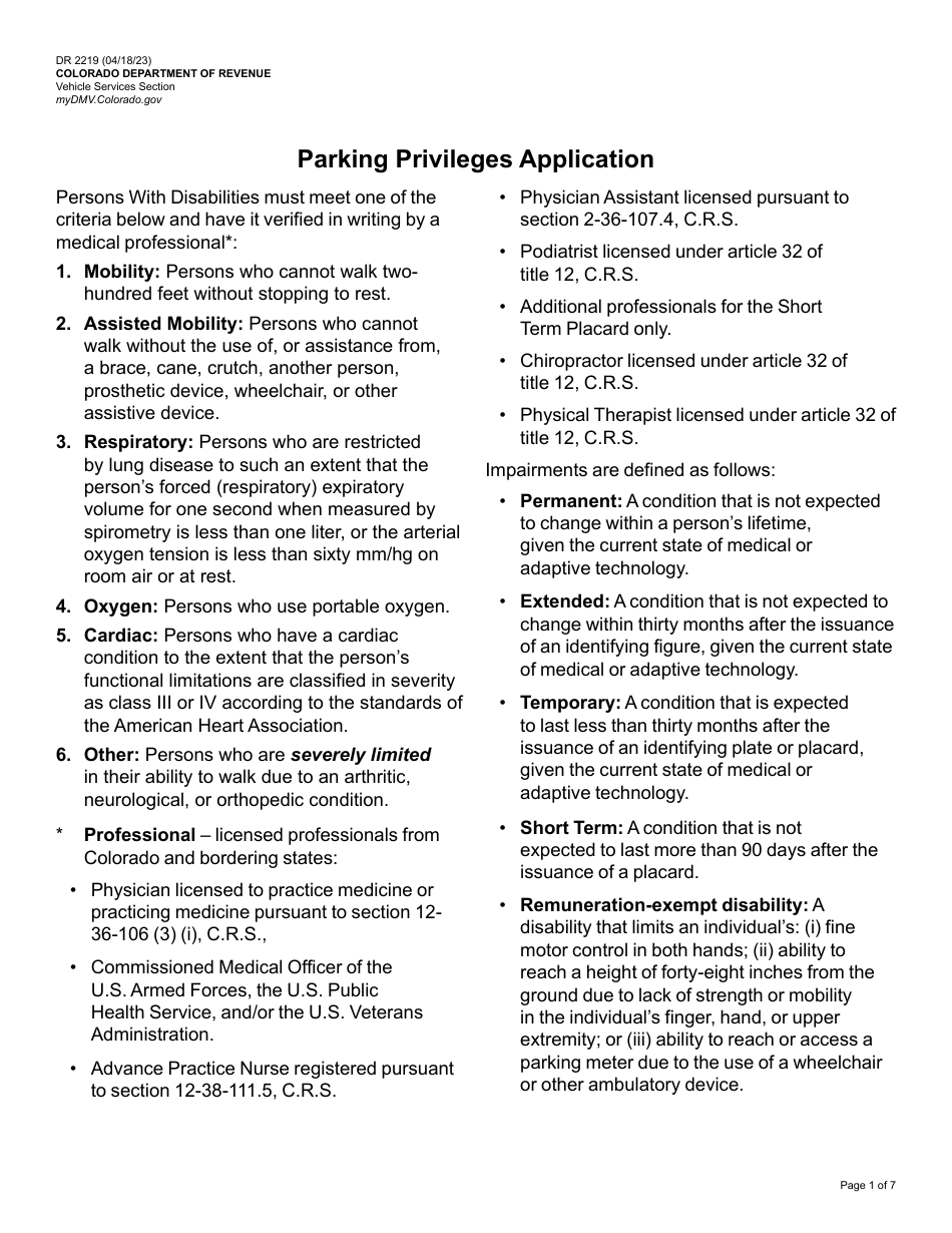 Form DR2219 Parking Privileges Application - Colorado, Page 1