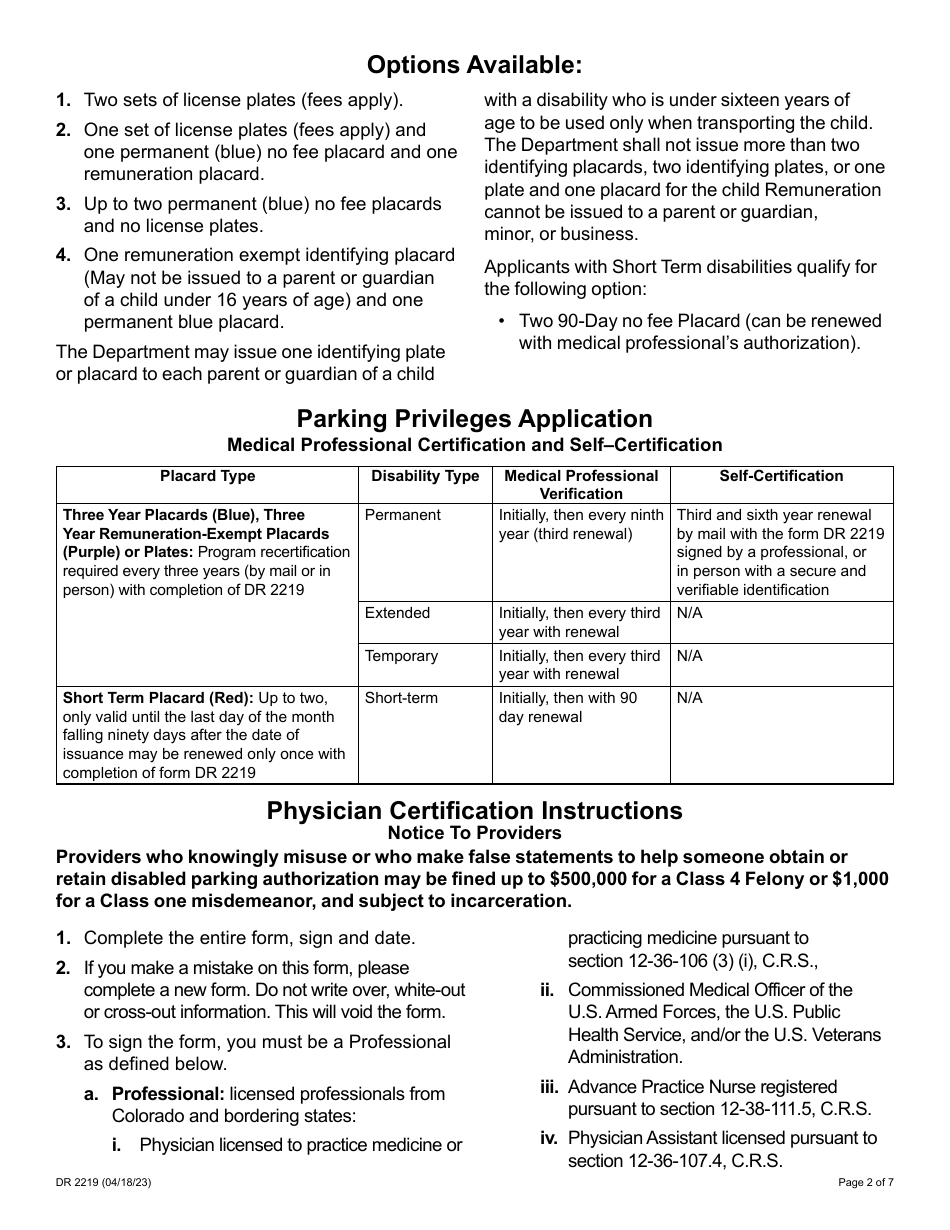 Form DR2219 Parking Privileges Application - Colorado, Page 2