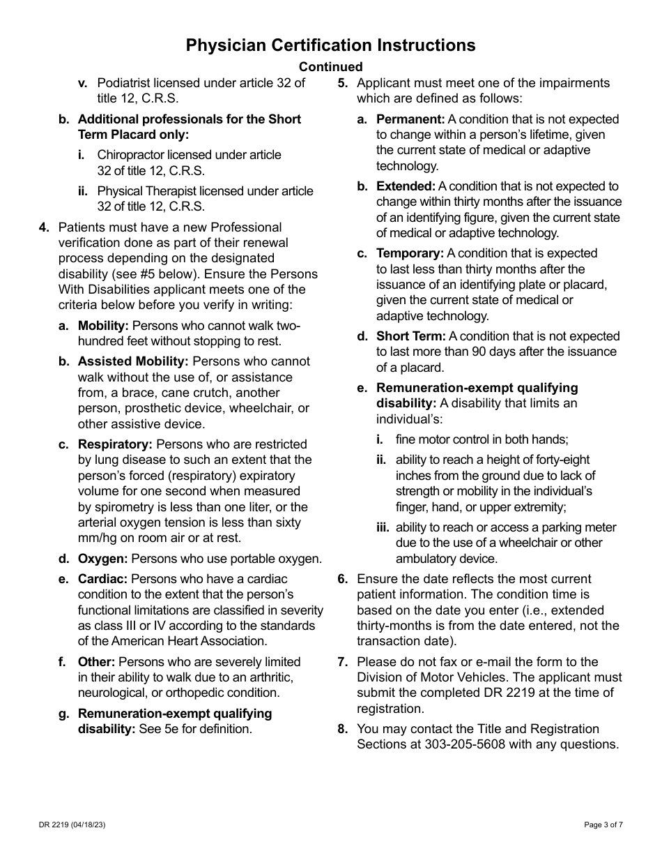 Form DR2219 Parking Privileges Application - Colorado, Page 3