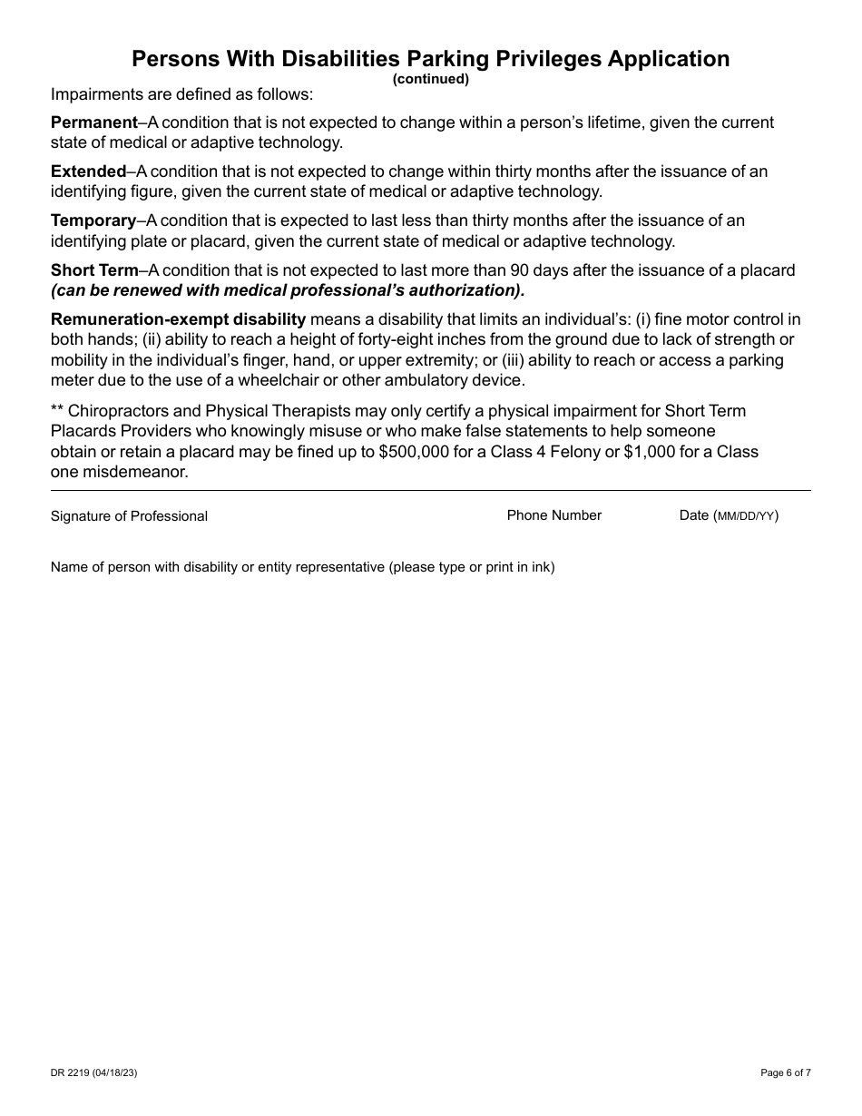 Form DR2219 Parking Privileges Application - Colorado, Page 6