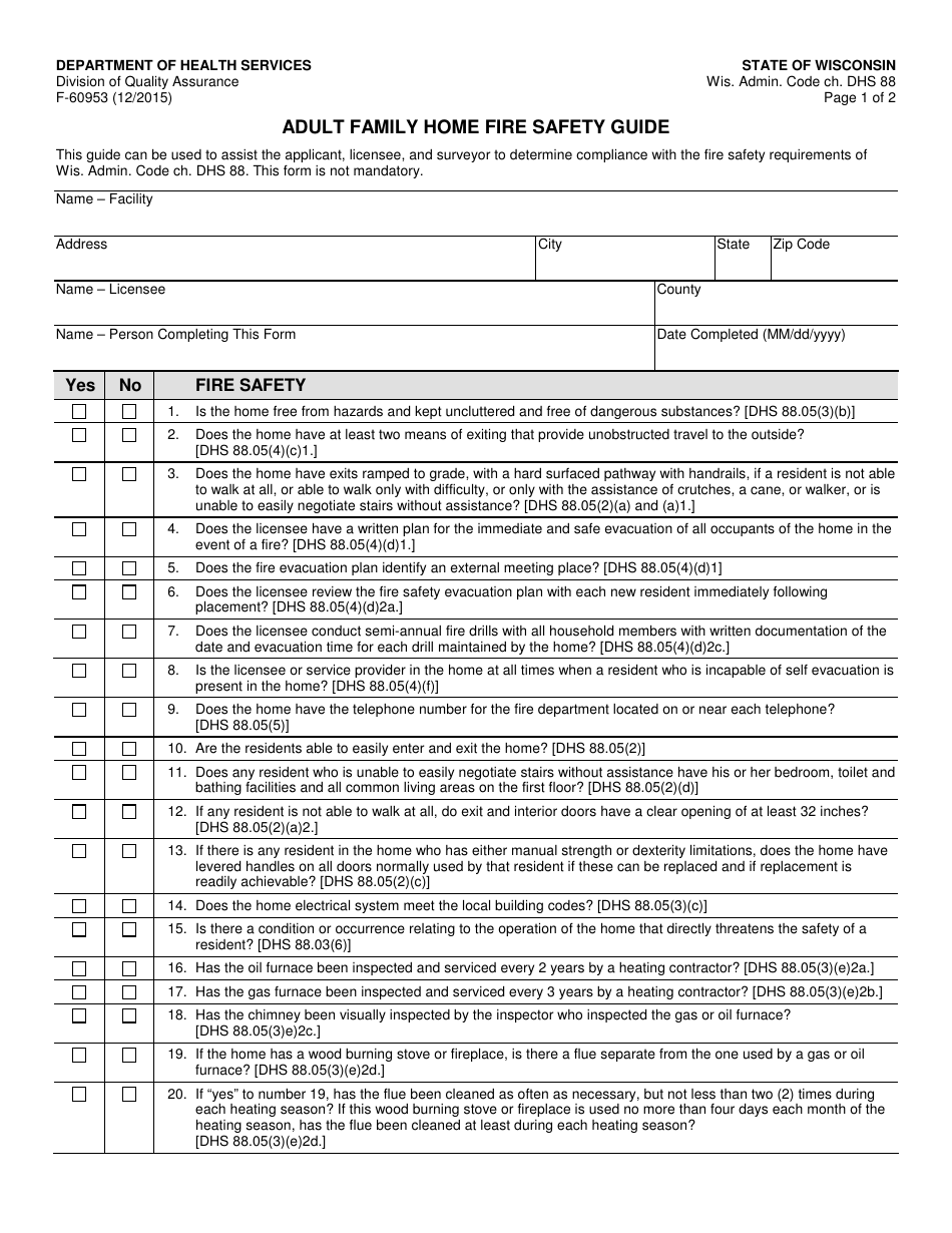 Form F-60953 Adult Family Home Fire Safety Guide - Wisconsin, Page 1