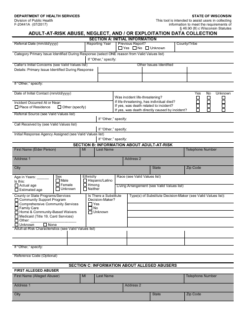 Form F-20441A Adult-At-Risk Abuse, Neglect, and/or Exploitation Data Collection - Wisconsin