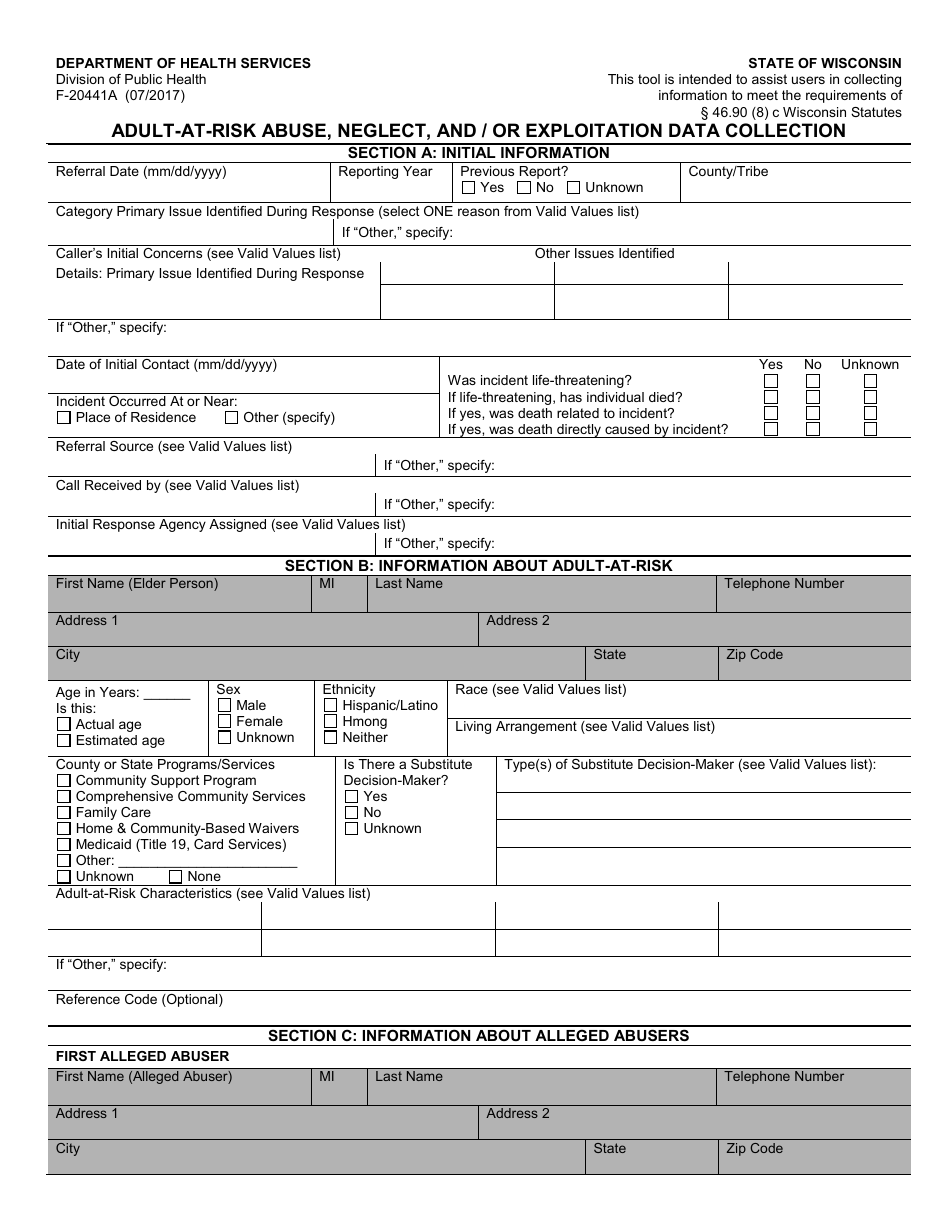 Form F-20441A Adult-At-Risk Abuse, Neglect, and / or Exploitation Data Collection - Wisconsin, Page 1