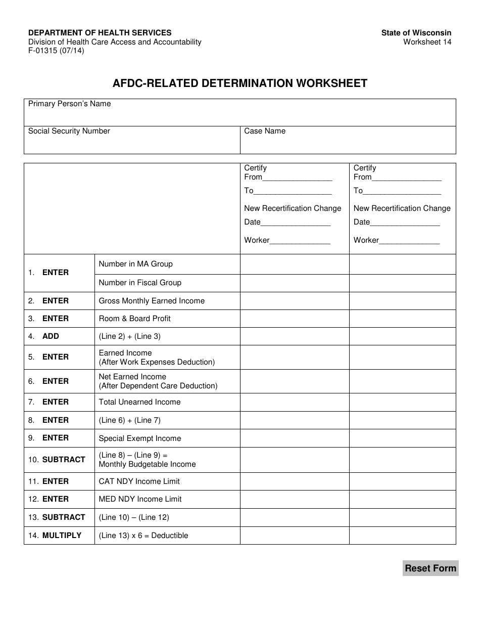 Form F-01315 AFDC-Related Determination Worksheet - Wisconsin, Page 1