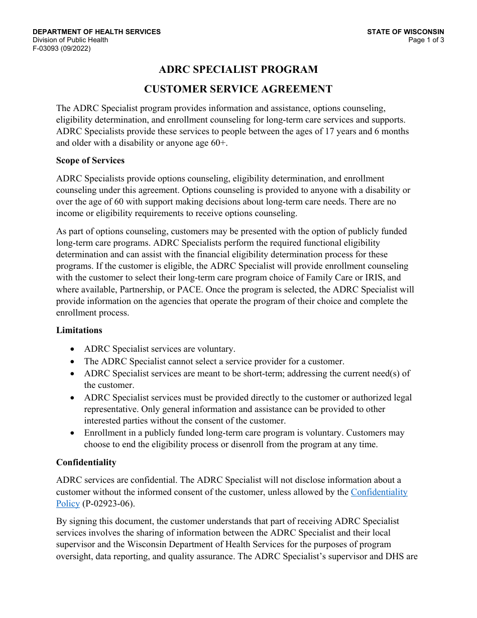Form F-03093 Adrc Specialist Customer Service Agreement - Wisconsin, Page 1