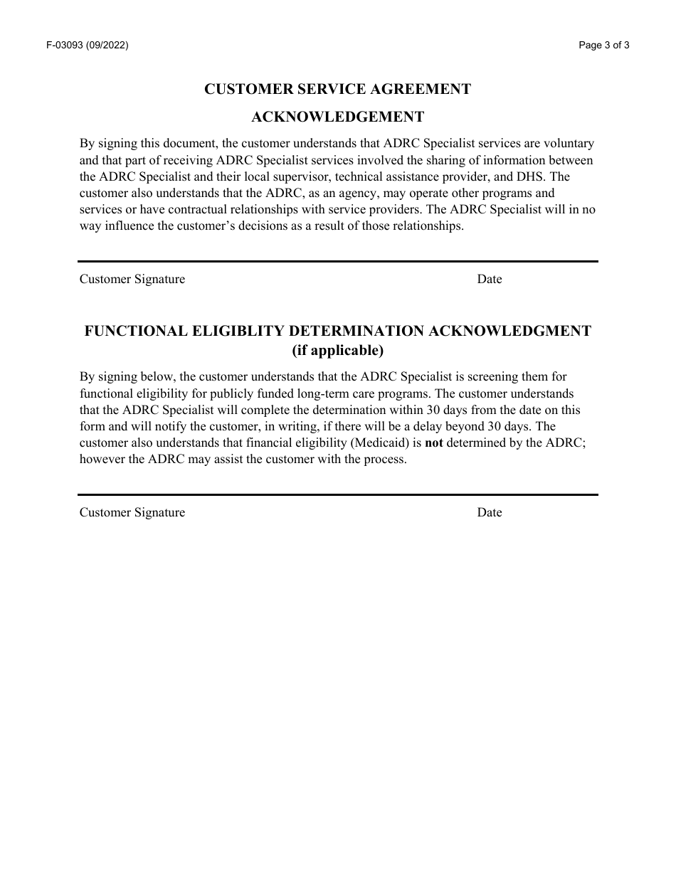 Form F-03093 Adrc Specialist Customer Service Agreement - Wisconsin, Page 3