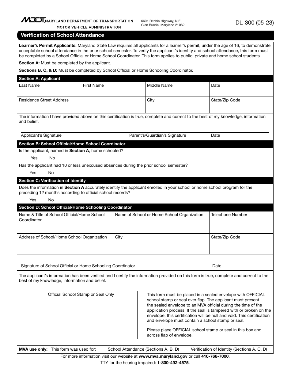Form DL-300 Verification of School Attendance - Maryland, Page 1
