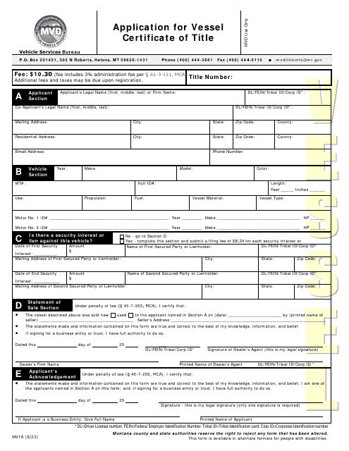 Form MV1A Application for Vessel Certificate of Title - Montana