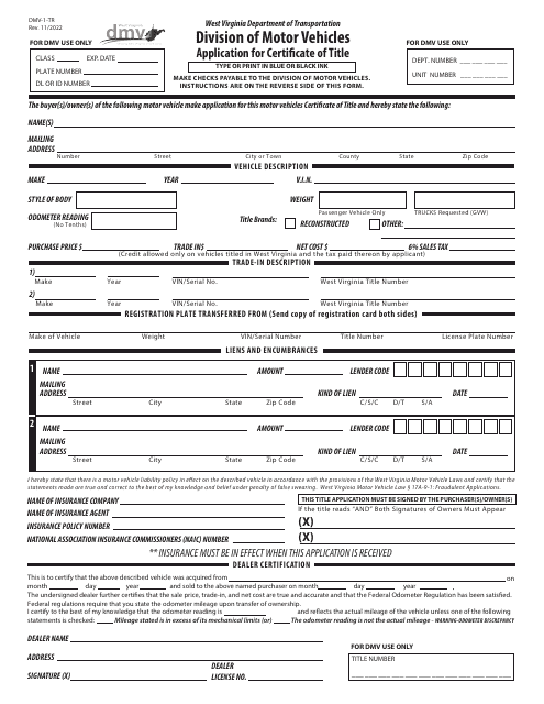 Form DMV-1-TR Application for Certificate of Title - West Virginia