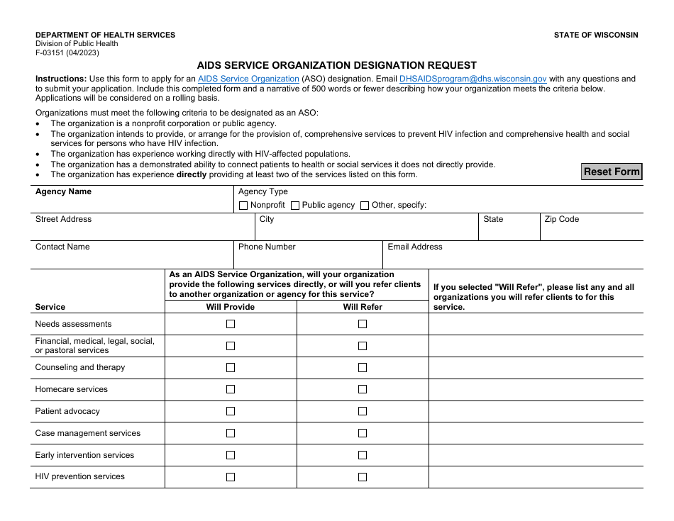 Form F-03151 AIDS Service Organization Designation Request - Wisconsin, Page 1