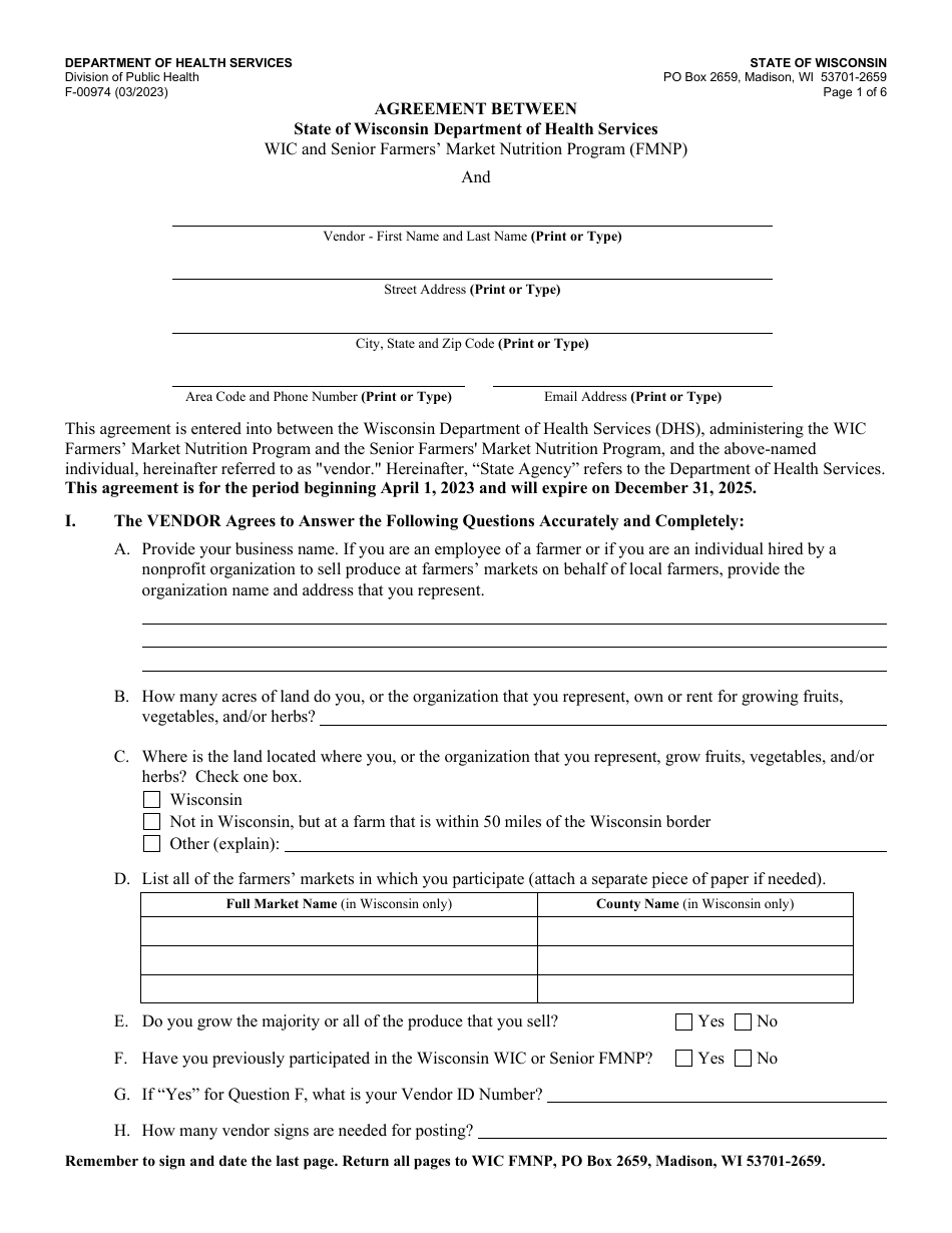 Form F-00974 Agreement Between State of Wisconsin Department of Health Services Wic and Senior Farmers Market Nutrition Program (Fmnp) and Vendor - Wisconsin, Page 1