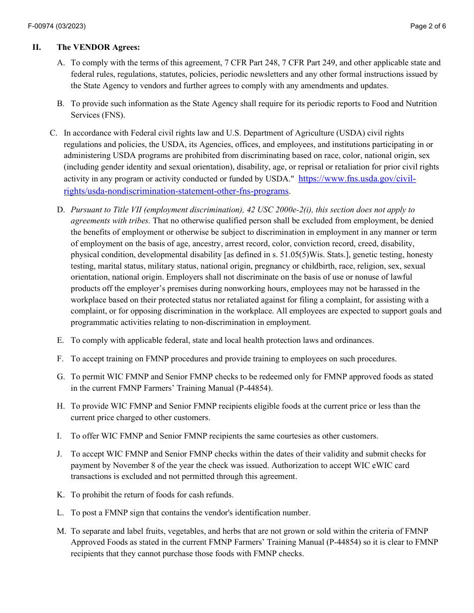 Form F-00974 Agreement Between State of Wisconsin Department of Health Services Wic and Senior Farmers Market Nutrition Program (Fmnp) and Vendor - Wisconsin, Page 2