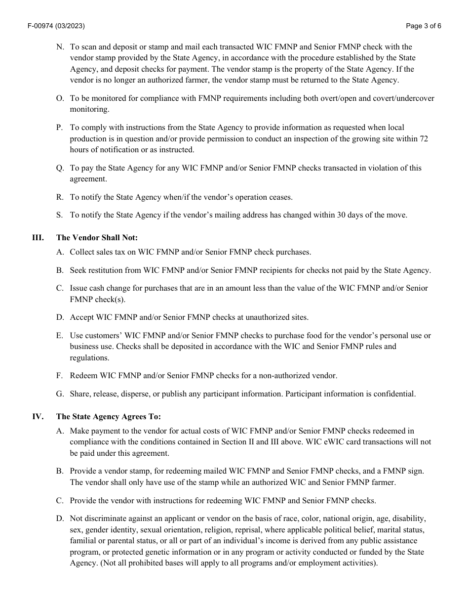 Form F-00974 Agreement Between State of Wisconsin Department of Health Services Wic and Senior Farmers Market Nutrition Program (Fmnp) and Vendor - Wisconsin, Page 3