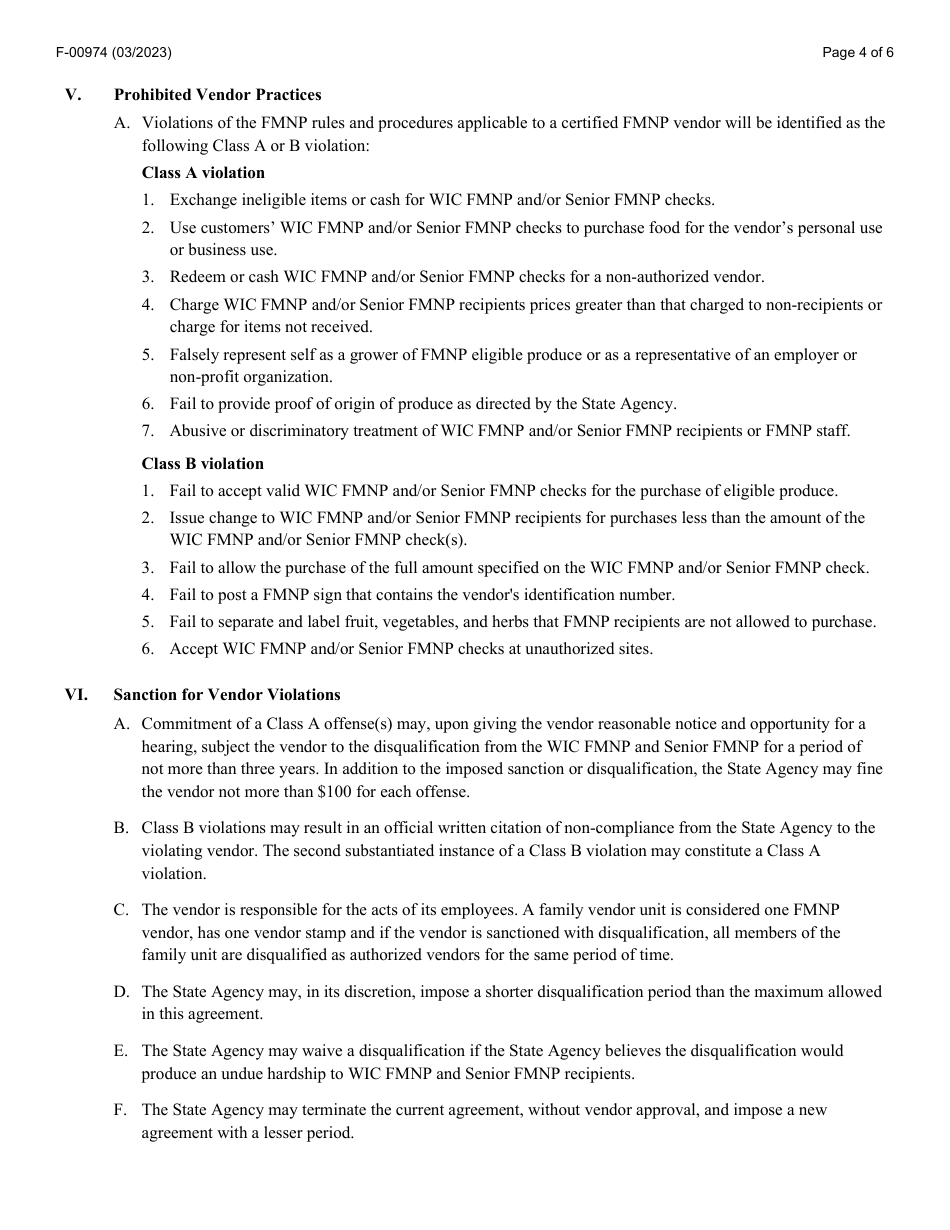 Form F-00974 Agreement Between State of Wisconsin Department of Health Services Wic and Senior Farmers Market Nutrition Program (Fmnp) and Vendor - Wisconsin, Page 4