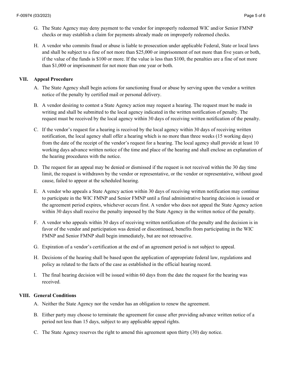 Form F-00974 Agreement Between State of Wisconsin Department of Health Services Wic and Senior Farmers Market Nutrition Program (Fmnp) and Vendor - Wisconsin, Page 5