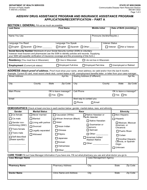 Form F-44614A Part A AIDS/HIV Drug Assistance Program and Insurance Assistance Program Application/Recertification - Wisconsin