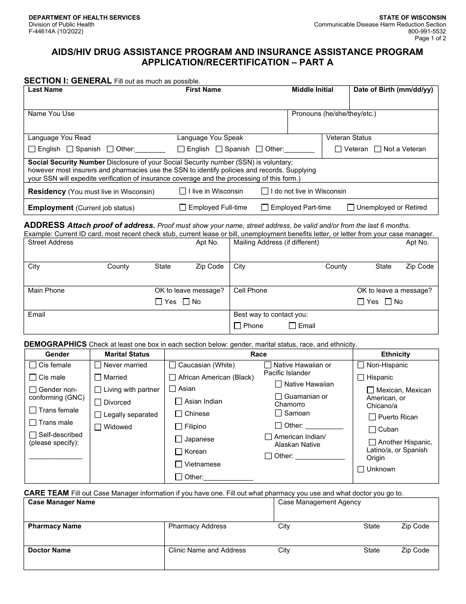 Form F-44614A Part A AIDS / HIV Drug Assistance Program and Insurance Assistance Program Application / Recertification - Wisconsin, Page 1