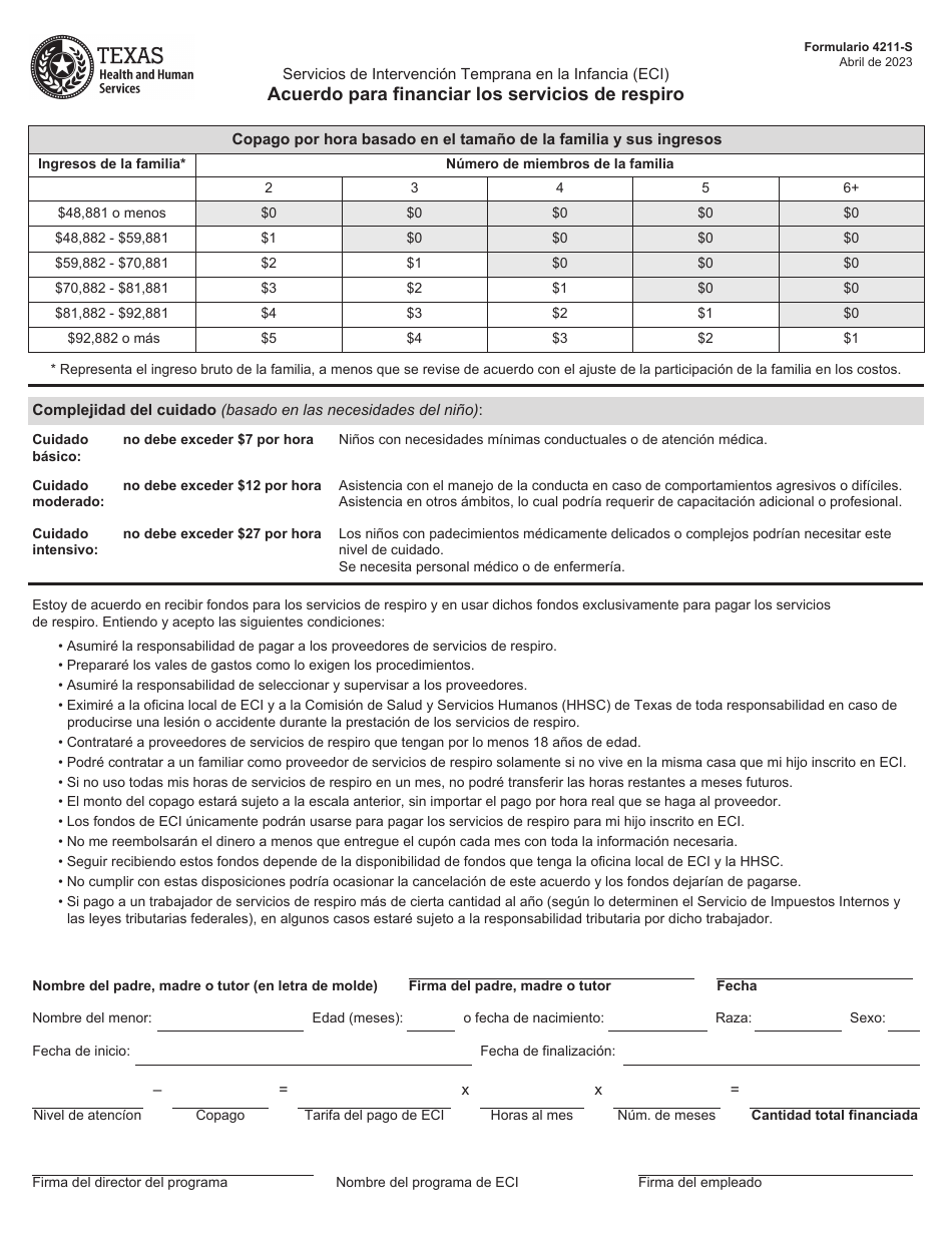 Formulario 4211-S Servicios De Intervencion Temprana En La Infancia (Eci) - Acuerdo Para Financiar Los Servicios De Respiro - Texas (Spanish), Page 1