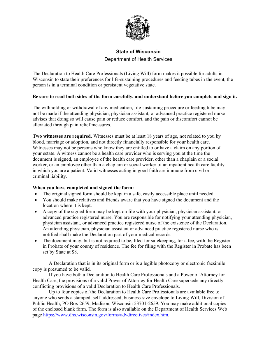 Form F-00060 Declaration to Health Care Professionals (Wisconsin Living Will) - Wisconsin, Page 1