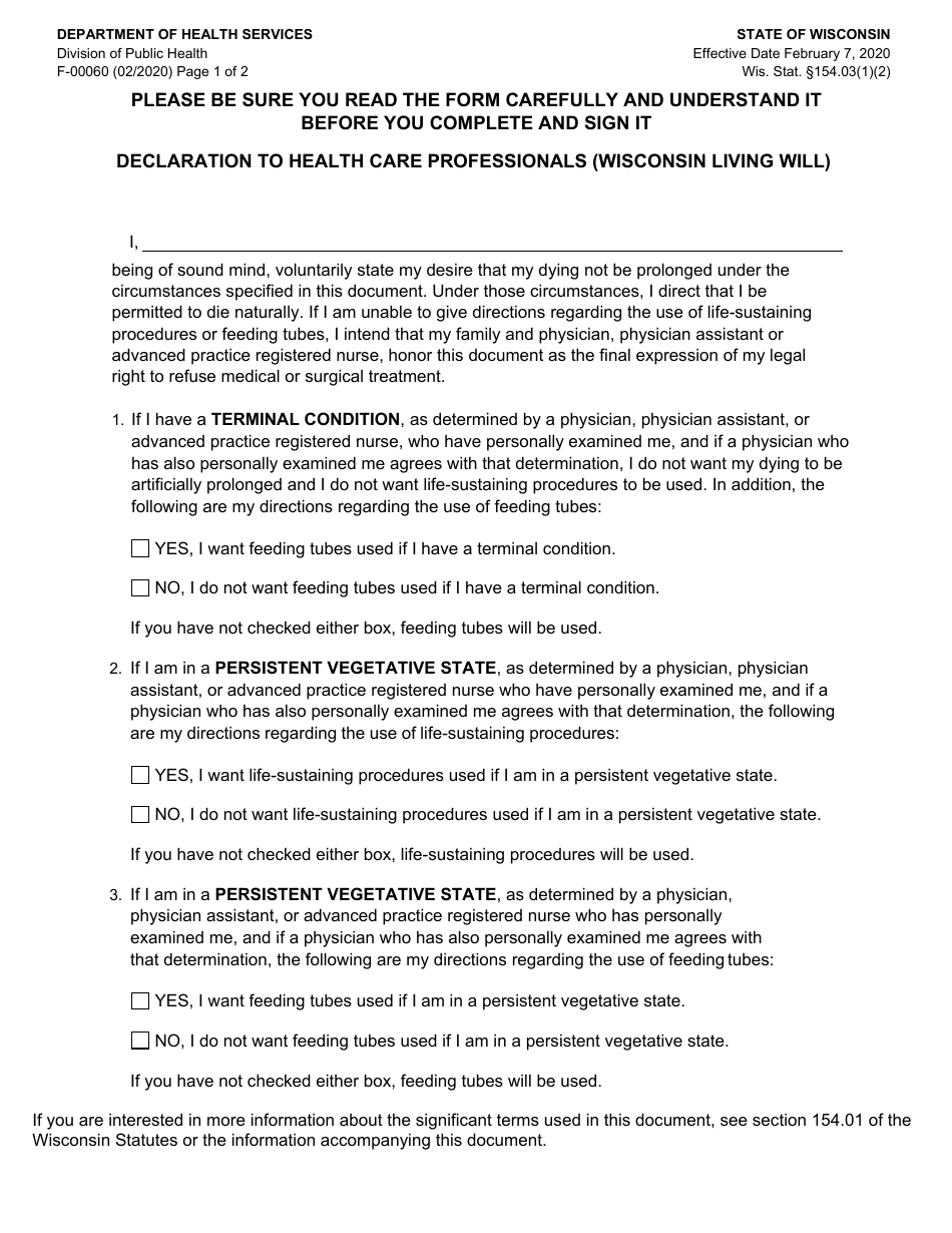 Form F-00060 Declaration to Health Care Professionals (Wisconsin Living Will) - Wisconsin, Page 4