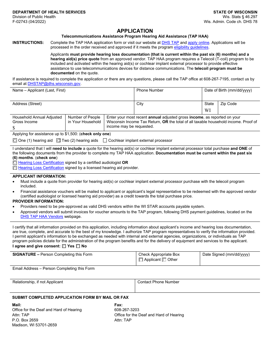 Form F-02743 Application - Telecommunications Assistance Program Hearing Aid Assistance (Tap Haa) - Wisconsin, Page 1