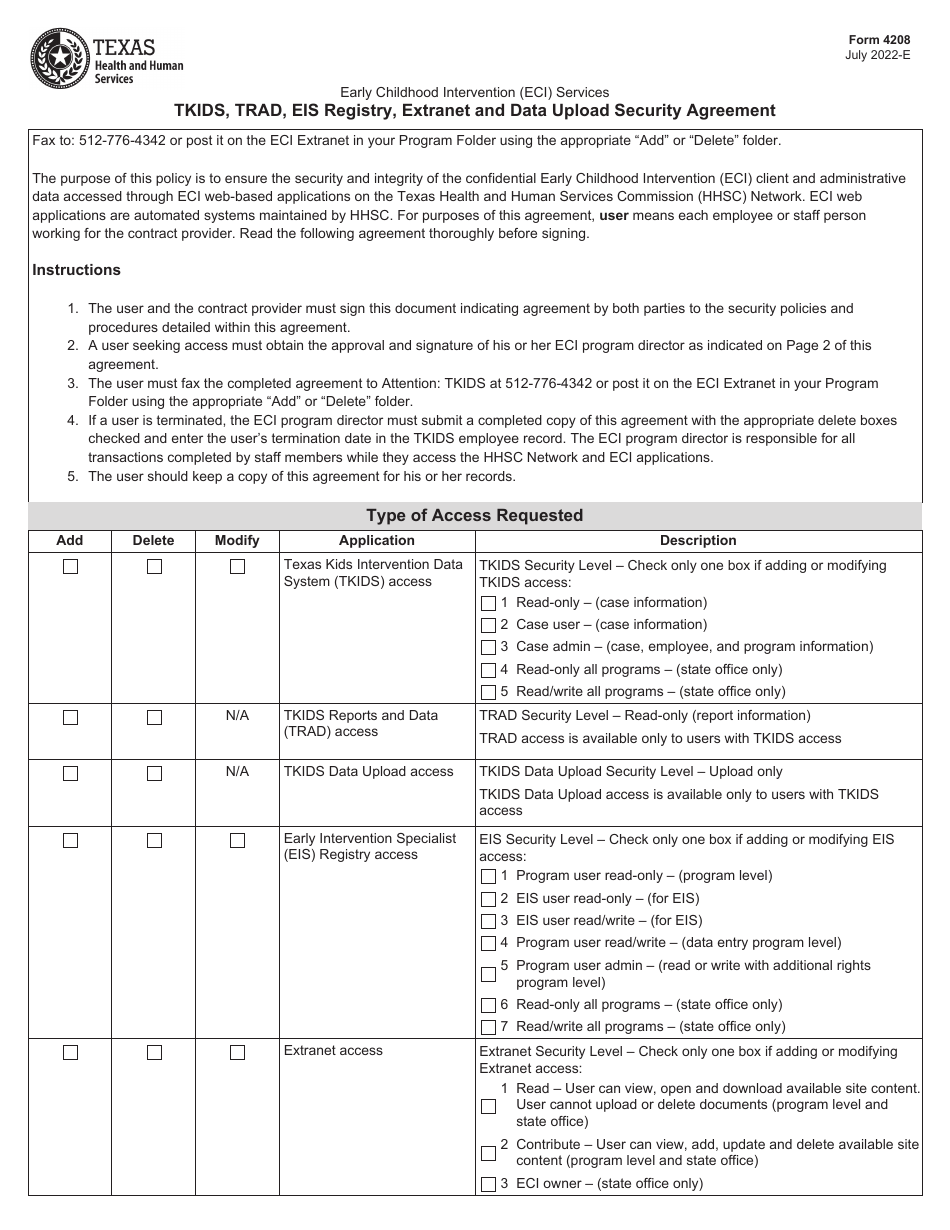 Form 4208 Tkids, Trad, Eis Registry, Extranet and Data Upload Security Agreement - Texas, Page 1