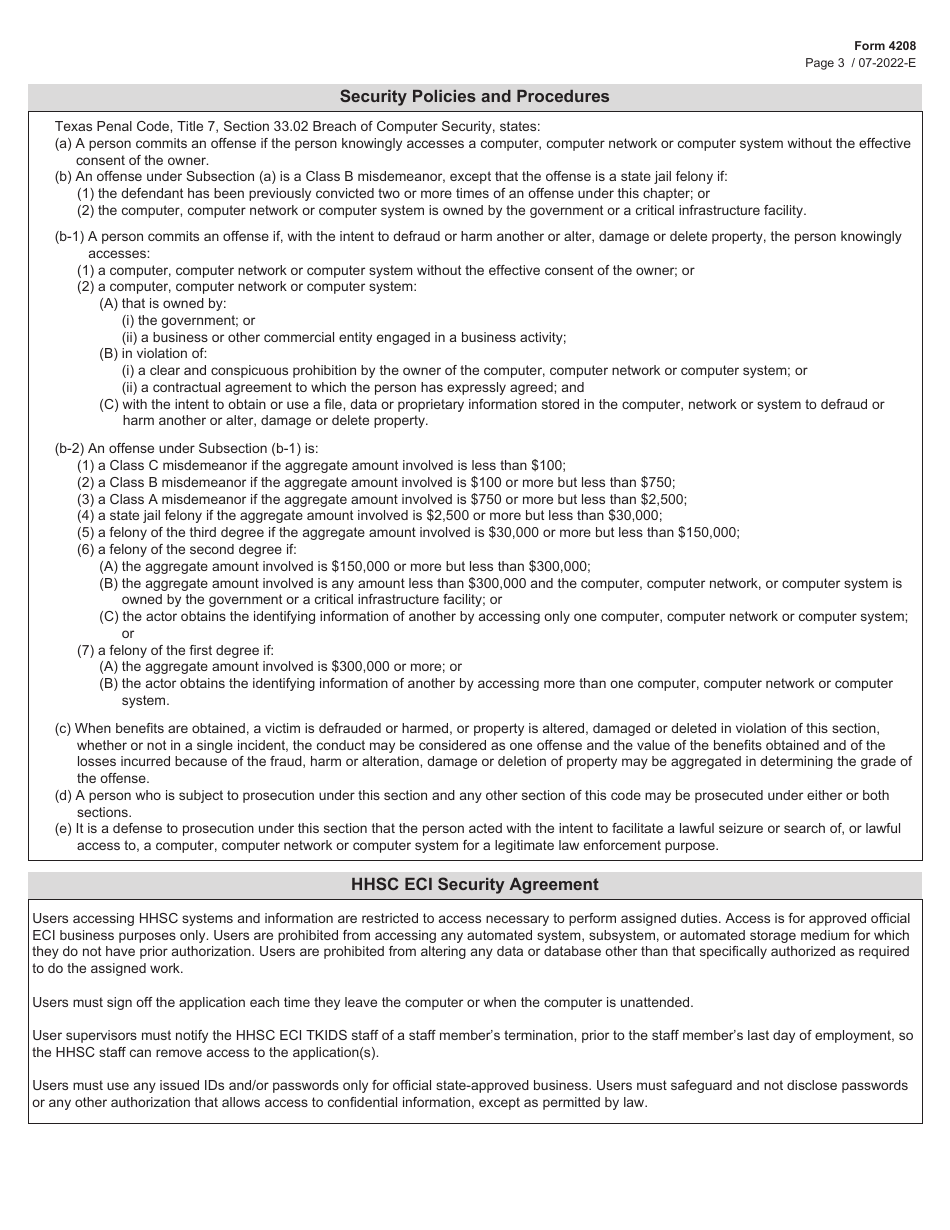 Form 4208 Tkids, Trad, Eis Registry, Extranet and Data Upload Security Agreement - Texas, Page 3