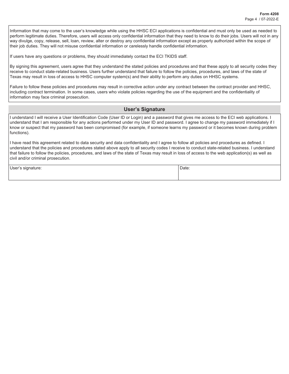 Form 4208 Tkids, Trad, Eis Registry, Extranet and Data Upload Security Agreement - Texas, Page 4