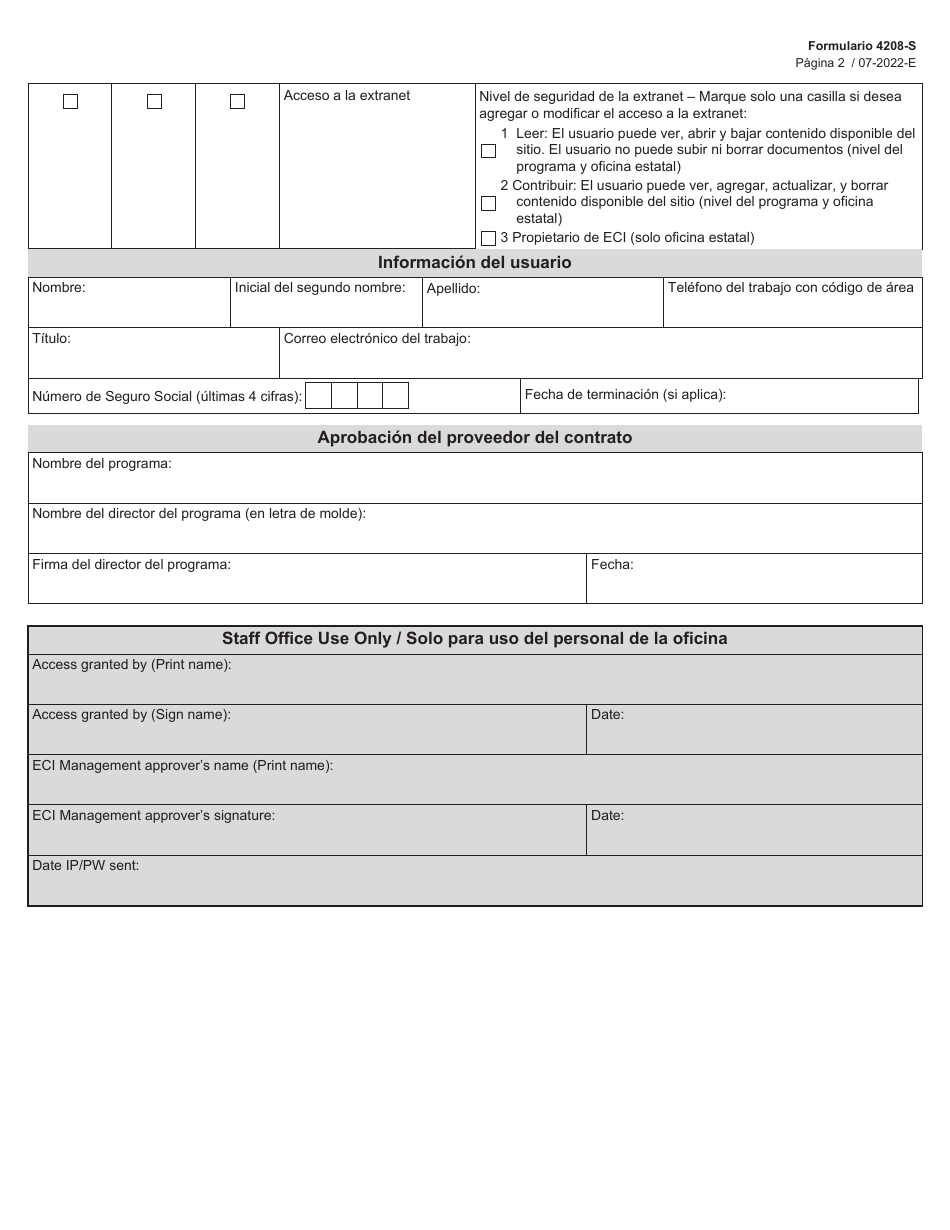 Formulario 4208-S Acuerdo De Seguridad Para Tkids, Trad, El Registro De Eis, La Extranet Y La Subida De Datos - Texas (Spanish), Page 2