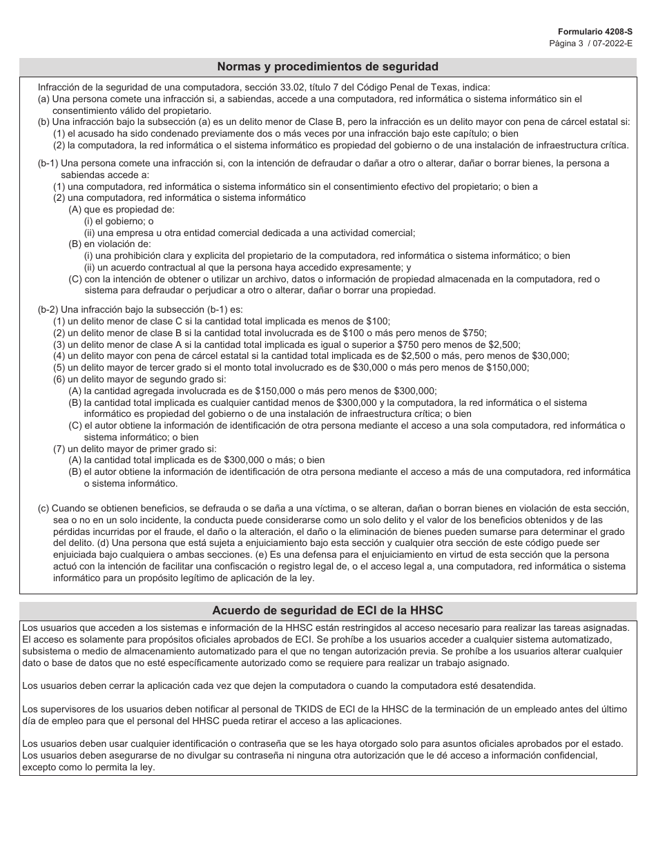 Formulario 4208-S Acuerdo De Seguridad Para Tkids, Trad, El Registro De Eis, La Extranet Y La Subida De Datos - Texas (Spanish), Page 3