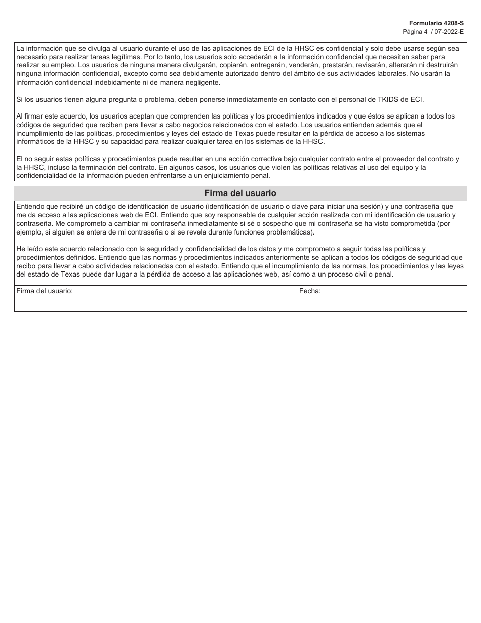 Formulario 4208-S Acuerdo De Seguridad Para Tkids, Trad, El Registro De Eis, La Extranet Y La Subida De Datos - Texas (Spanish), Page 4