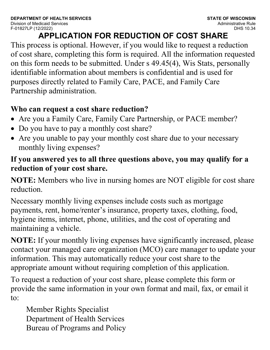 Form F-01827LP Application for Reduction of Cost Share - Large Print - Wisconsin, Page 1