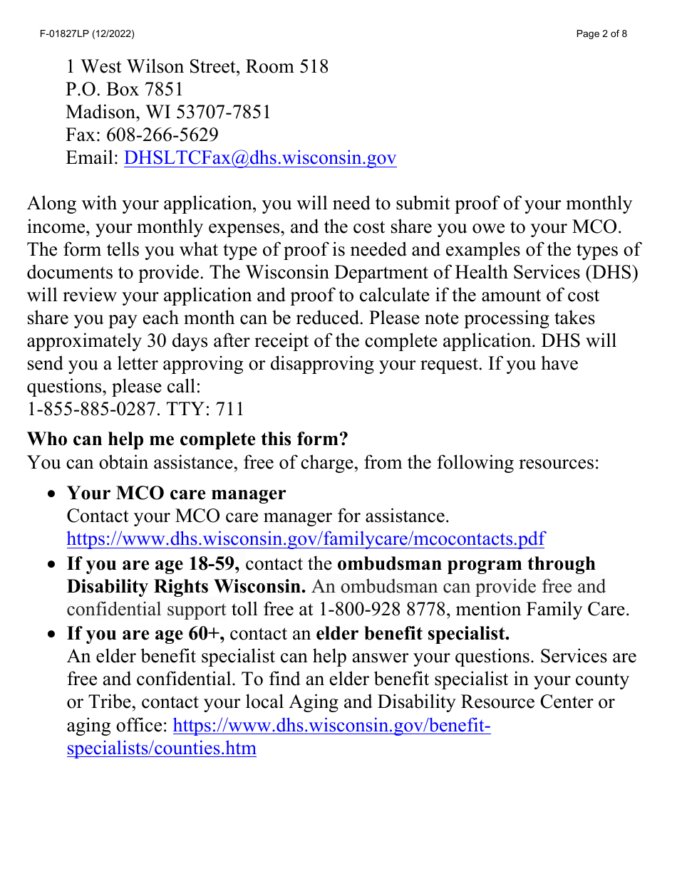 Form F-01827LP Application for Reduction of Cost Share - Large Print - Wisconsin, Page 2