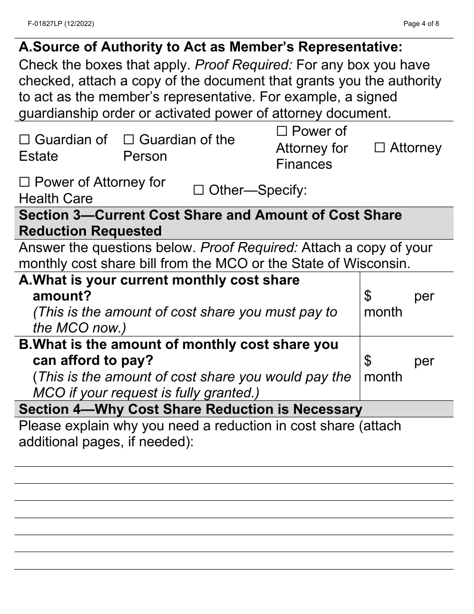 Form F-01827LP Application for Reduction of Cost Share - Large Print - Wisconsin, Page 4